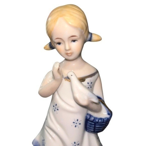 Vintage 1960s Porcelain Hand-painted Figurine Girl in Pigtails w/ Dove & Basket - Picture 5 of 12